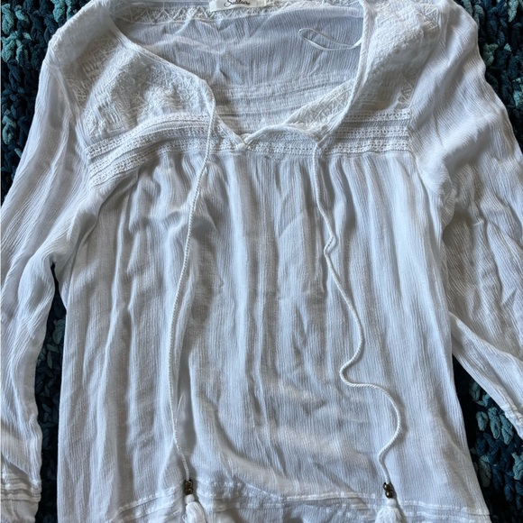 Solitaire Tops - Solitaire White Smocked Tie Front Blouse